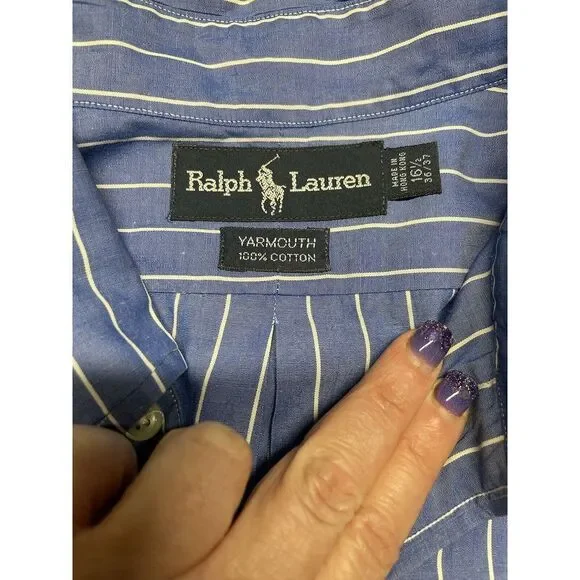 Ralph Lauren Yarmouth Blue Stripe 100% Cotton Long Sleeve Shirt 16.5 Large - Picture 3 of 8